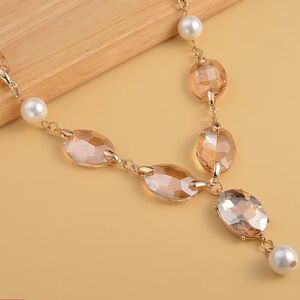 Simulated Champagne Quartz and White Pearl Necklace 22-23 Inches in Goldtone